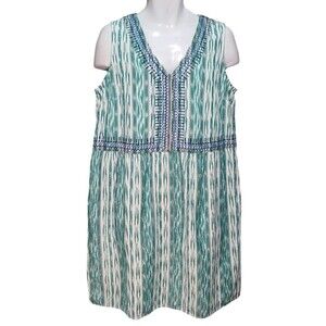 J Jill Dress Women's L Green Sleeveless Cotton Embroidered Pocket Lined Shift